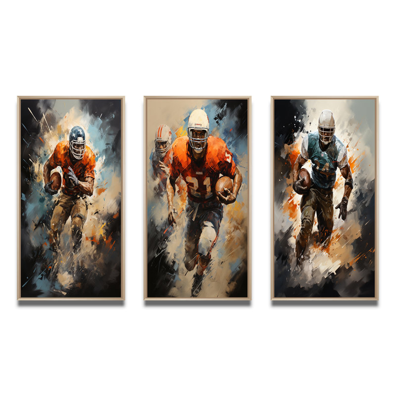 «Football Turbulent Touchdowns», 3 pièces sur toile, Cadre naturel flottant, H 32 po x l 48 po