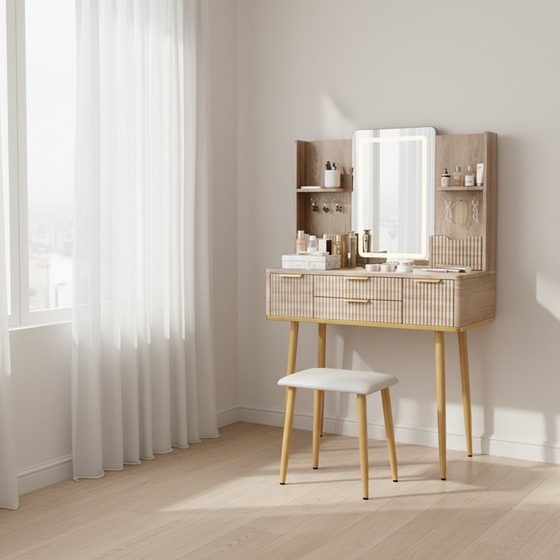 Bureau de coiffeuse à 4 tiroirs jaune brun avec miroir à DEL à intensité variable et tabouret en polyuréthane