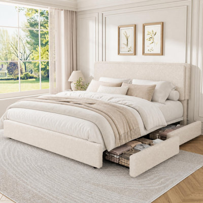 Lit plateforme très grand avec 2 tiroirs de rangement, beige