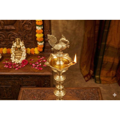 43-Inch Handcrafted Brass Peacock Oil Lamp, Traditional Annam Floor Lamp for Spiritual Home Décor