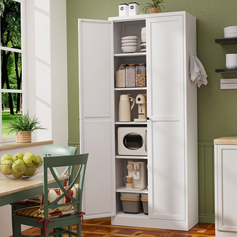 Armoire de cuisine 72 po en métal blanc avec portes, organisateur de rangement autoportant robuste avec 5 tablettes réglables, assemblage sans outil pour le garde-manger, cuisine, salle de bain