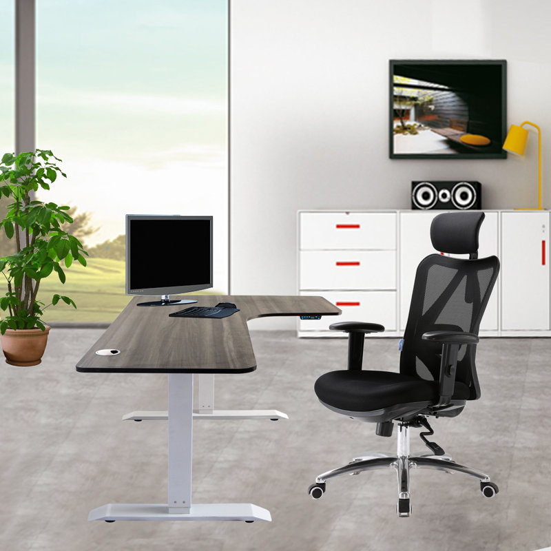 Bureau en hauteur à hauteur ajustable en L avec prises intégrées, Gris ébène / blanc