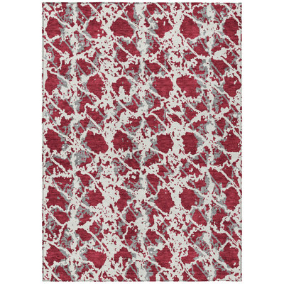 9' X 12' Burgundy And Ivory Abstract Washable Indoor Outdoor Area Rug
