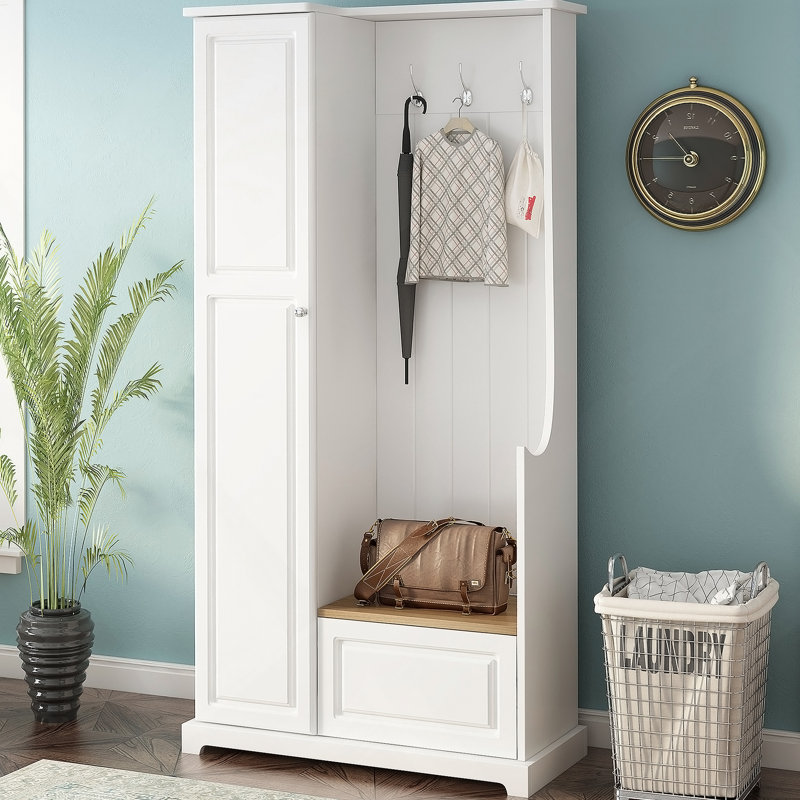 Arbre d'entrée élégant avec banc rabattable, armoire à chaussures minimaliste avec tablettes réglables, mobilier multifonctionnel avec crochets de suspension pour vestibule, vestibule, blanc