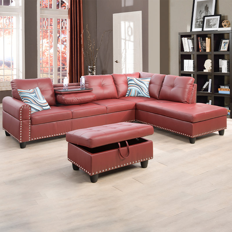 Canapé modulaire avec repose-pieds Plyler, Orienté à droite, Similicuir rouge