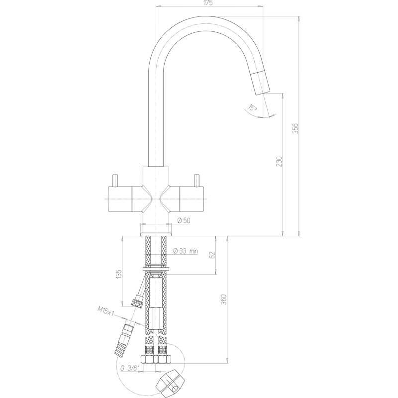 Cox Cruciform Sink Pull Out Twin Lever Monobloc Tap, Brushed Nickel