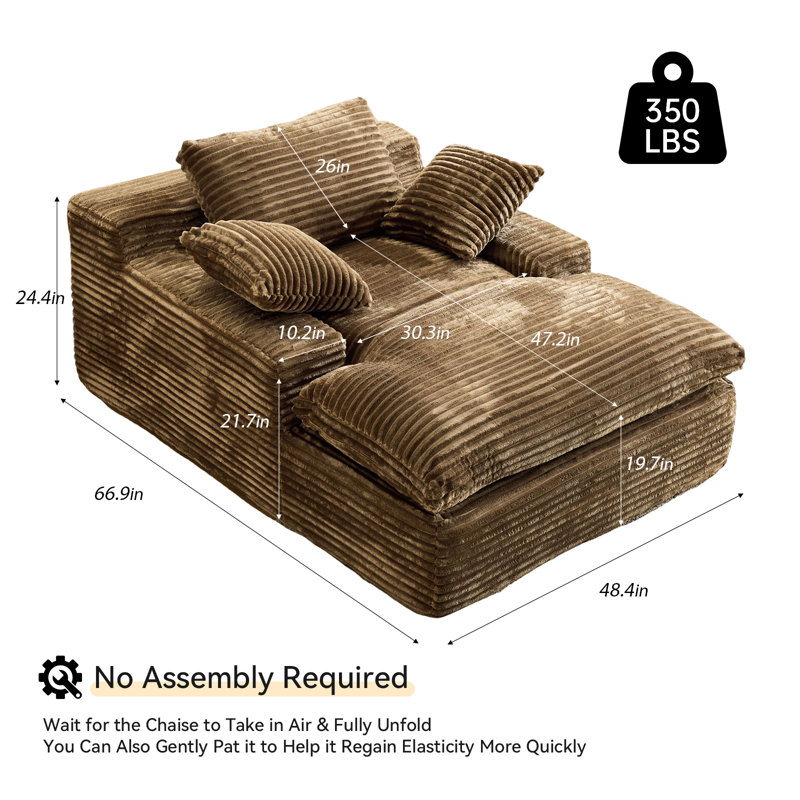 67'' Boneless Chaise Lounge Chair Indoor, Oversized Lounge With Fabric And High Density Sponge, Deep Seat Sleeper Couch Chairs Sofa For Living Room Bedroom, No Assembly Required