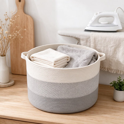 Panier à couvertures extra large en corde tressée avec poignées, panier de rangement pour linge en coton doux pour le salon, la chambre et la chambre d'enfant, pliable et lavable à la machine