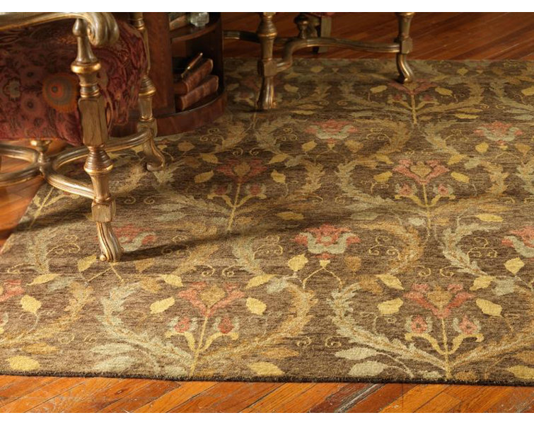 Wool Damask Area Rug in Brown