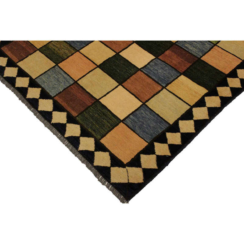 Tapis géométrique bleu / brun clair en laine noué à la main 4 pi x 5 pi 4 po Geometric