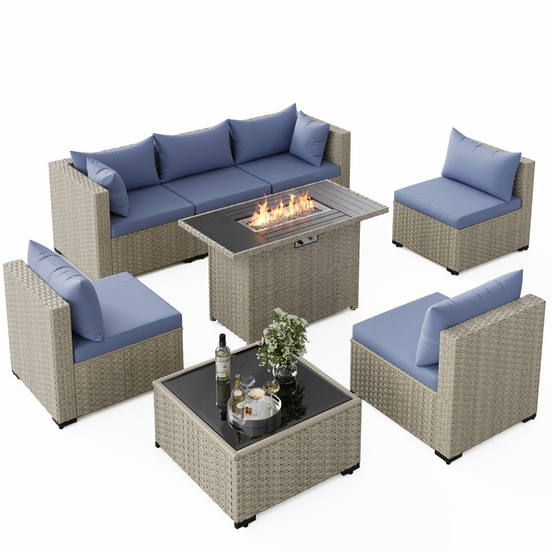 8-Piece Patio Conversation Set With Fire Pit Table, Coffee Table, And Cushions, Haze Blue