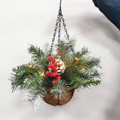 Panier de Noël artificiel, décoré de pommes de pin givrées, décorations de Noël de panier suspendu pour décoration de Noël de porte fenêtre murale