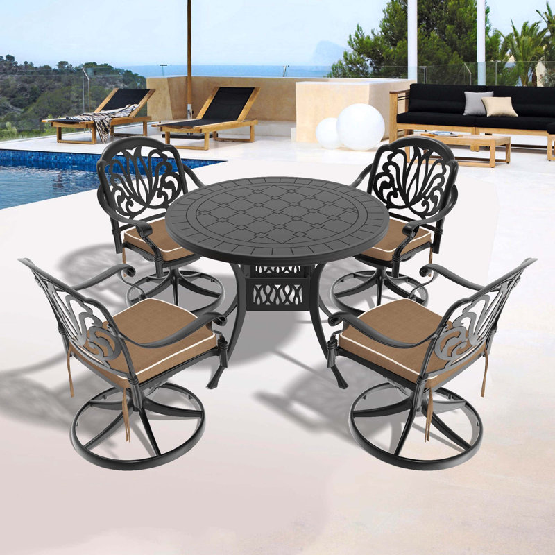 Ensemble de salle à manger 5 pièces en fonte d'aluminium avec structure noire, comprenant 4 chaises pivotantes et une table ronde de 39,37 pouces