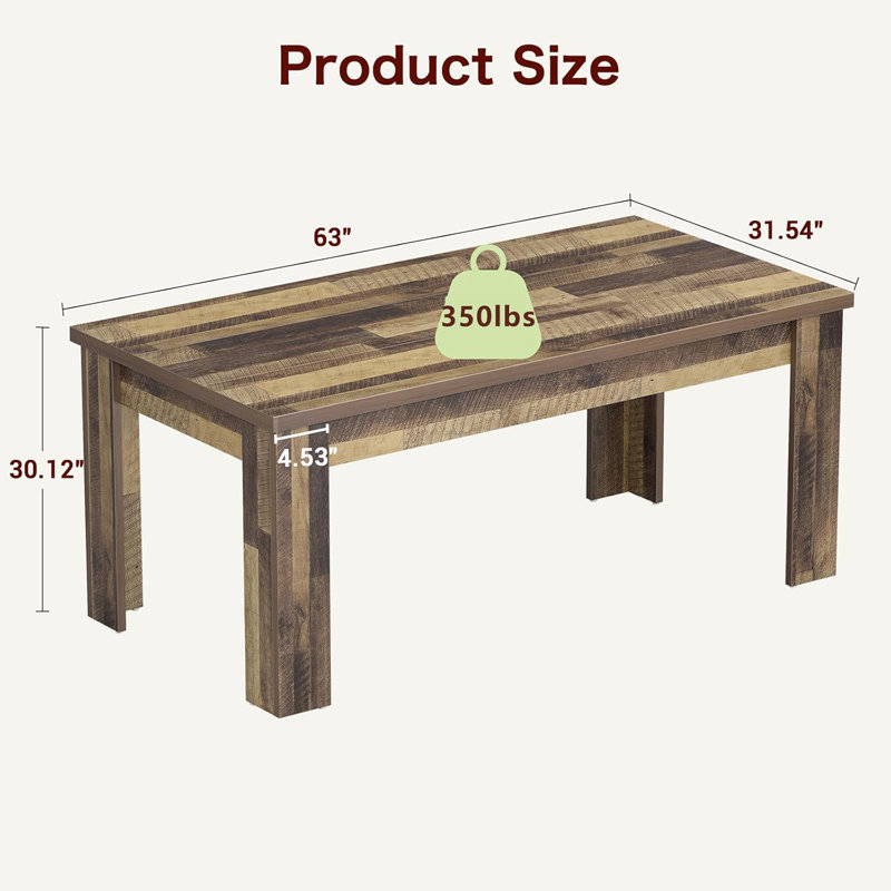 Table de salle à manger 63 "pour 4 à 6 personnes, grande table de salle à manger de style campagnard rectangulaire, structure en bois épais et pieds triangulaires robustes, base en bois massif pour petit espace, dîner, cuisine, brun rustique