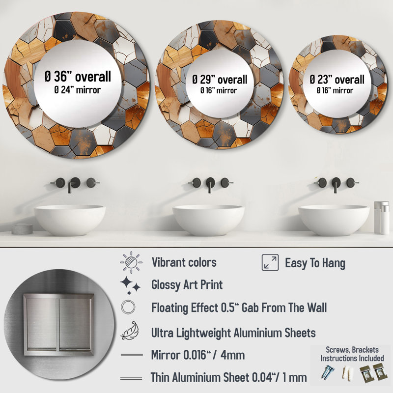 Motif rustique hexagonal Boho - grand miroir mural géométrique, miroir rond moderne unique, impression d'art en métal