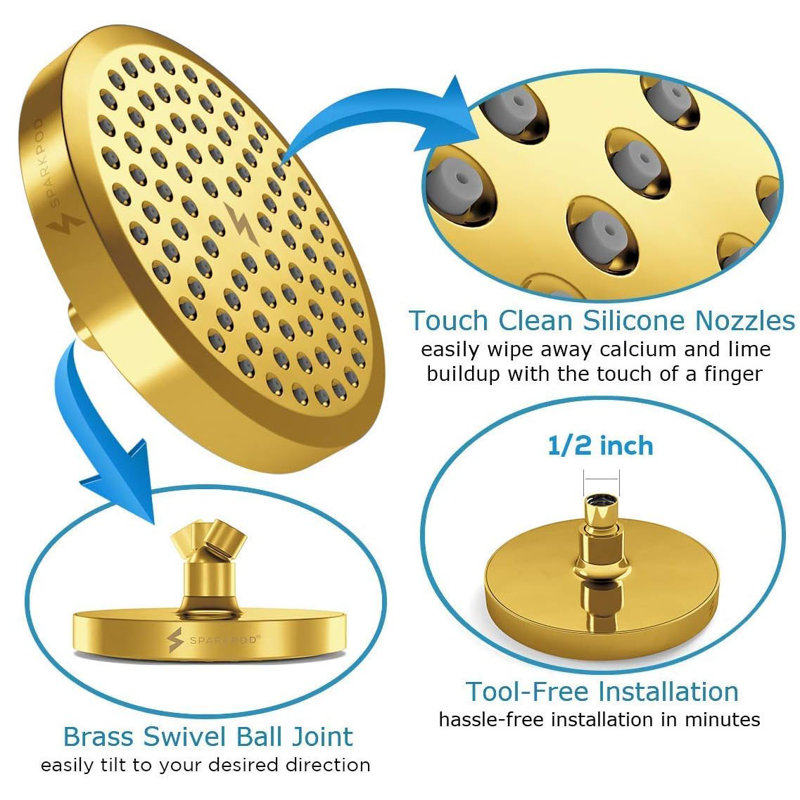 Gold Adjustable High-Pressure Rain Shower Head with Filter