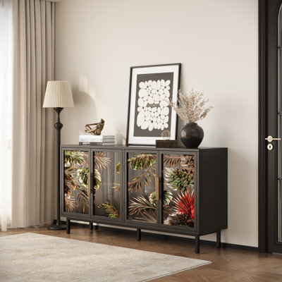60.3" Vintage Glazed Buffet Cabinet, 4-door Decorative Storage Console Table For Dining Or Living Room