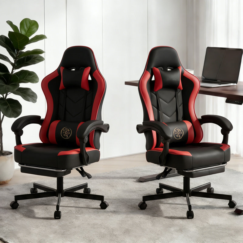 Adjustable Reclining Ergonomic Faux Leather Swiveling PC & Racing Game Chair(Set Of 2), Red