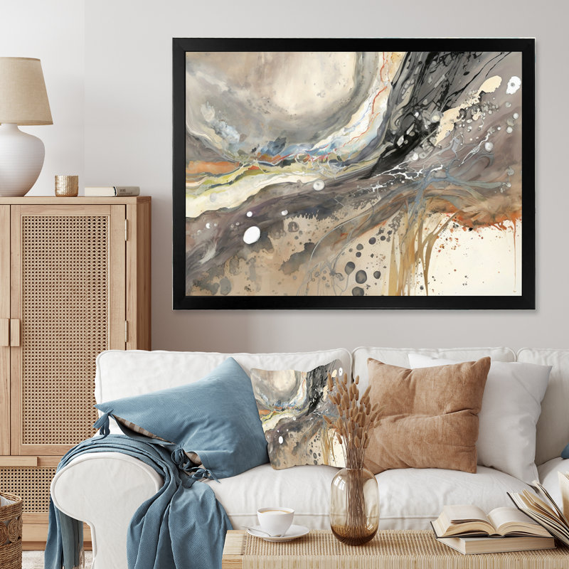 Subtile sérénité, gris, aquarelle, vagues, Cadre simple noir, H 12 po x l 20 po x P 1 po