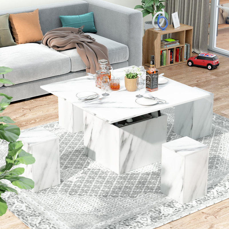 Table basse à plateau relevable multi-fonctions avec banc de rangement 4 en 1 Hamble, Blanc, Marbre