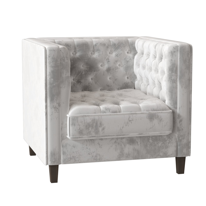 Jess Tufted Armchair, Bella White Performance Velvet, Brown Mahogany