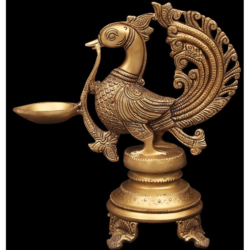 Lampe de puja en laiton à 8 mèches sur support, lampe à huile indienne fabriquée à la main pour table Diwali Altar