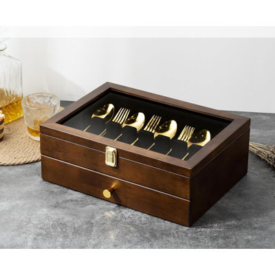 Fine Silverware Box With Glass Lid, 2-Layer Wooden Silverware Chest With Drawer,2 Layer