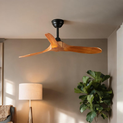 Patio Ceiling Fan with Acacia Wood Blades, 60-Inch, Remote-Controlled DC Motor, Damp Rated, No Light