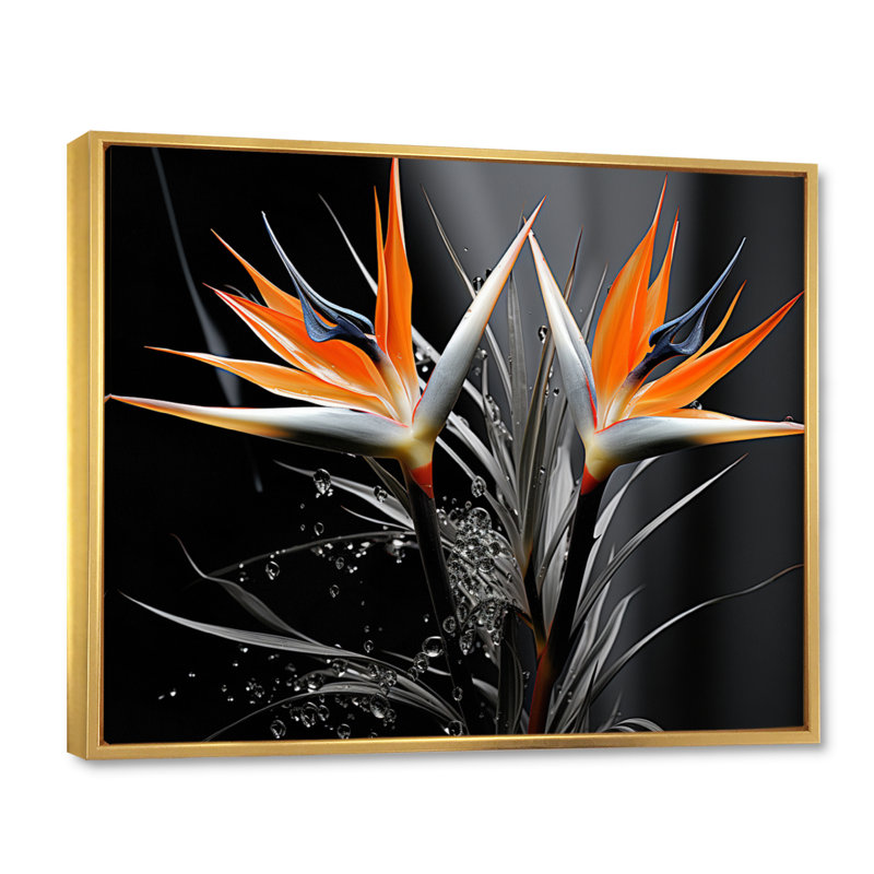 Oiseaux du paradis exotique - imprimé, H 30 po x l 40 po x P 1,5 po, Cadre flottant doré