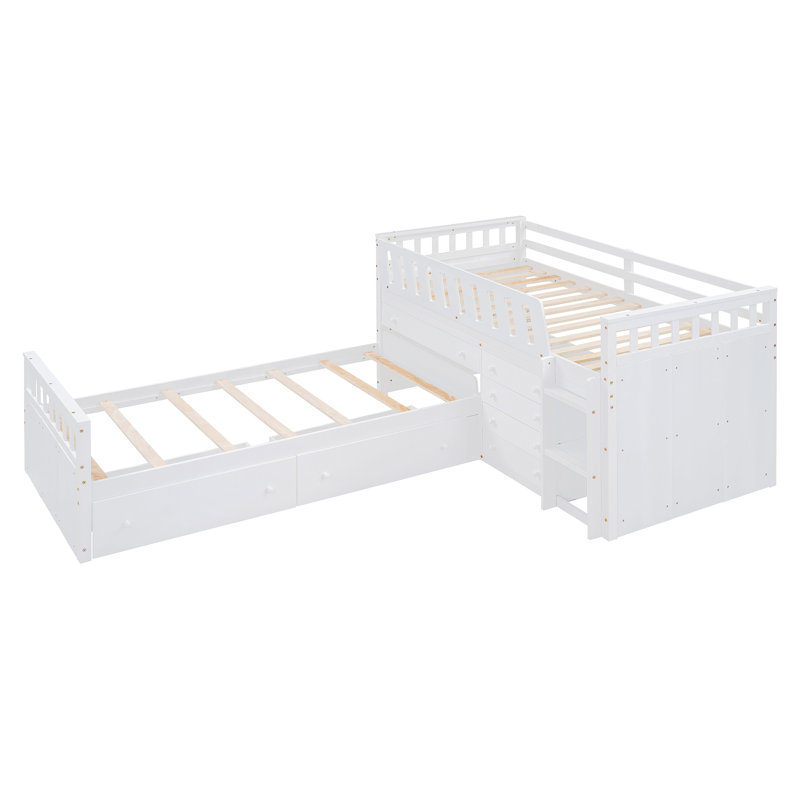 L-Shaped  Space-Saving Twin Loft And  Twin  Platform Bed With 7 Drawers And Full Guardrails(WHITE)