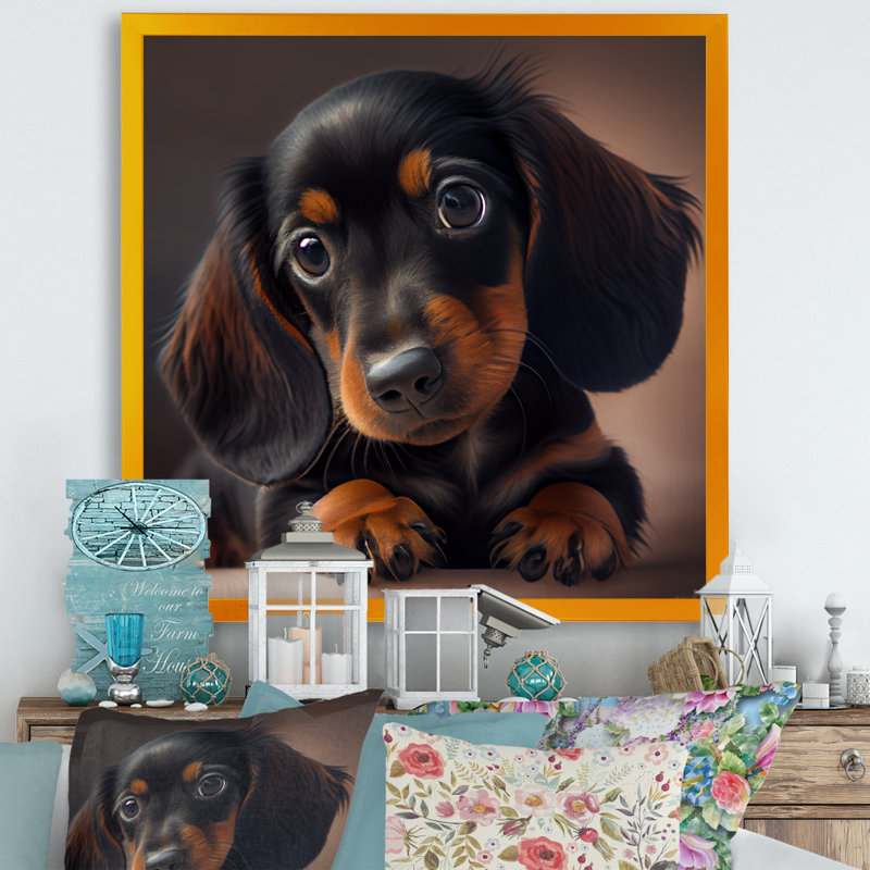 Mignon chiot teckel - impression de chien teckel, H 36 po x l 36 po x P 1,5 po, Impression dorée sur toile encadrée