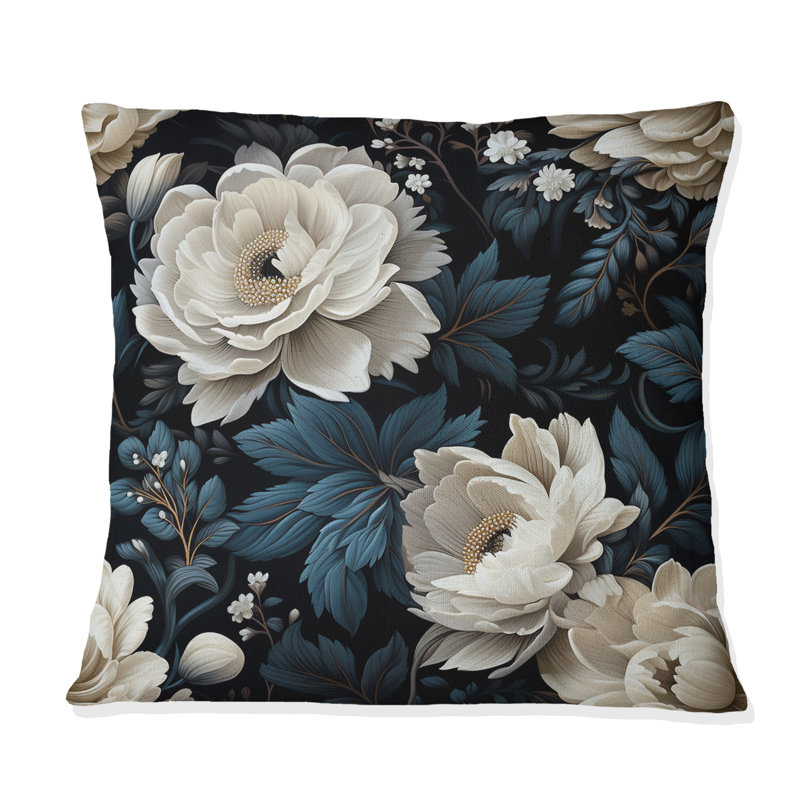 Coussin décoratif à motif floral blanc et noir Royal, H 16 po x l 16 po