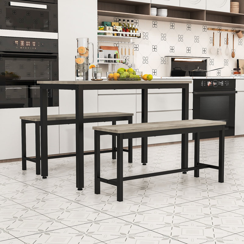 Compact 3-Piece Dining Table Set for 4 – Stowable Benches for Small Spaces, Gray
