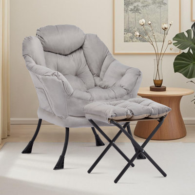 Lazy Chair with Ottoman, Modern Lounge Accent Chair with Armrests and a Side Pocket, Leisure Sofa Armchair, Reading Armchair with Footrest for Small Space, Grey
