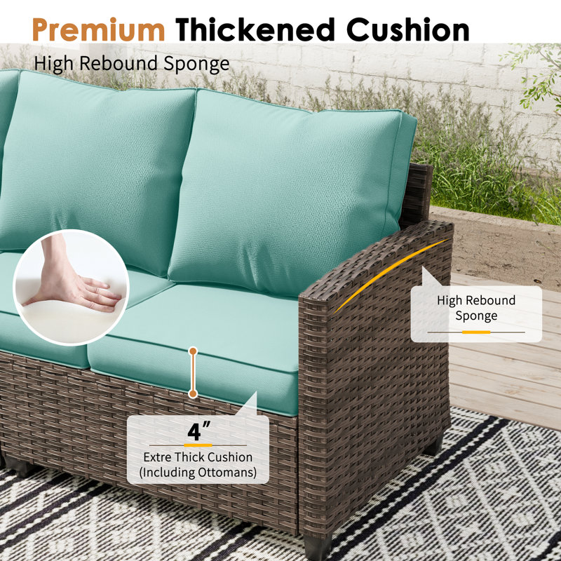 3-Person Patio Sofa With 2 Ottomans, Blue, Brown