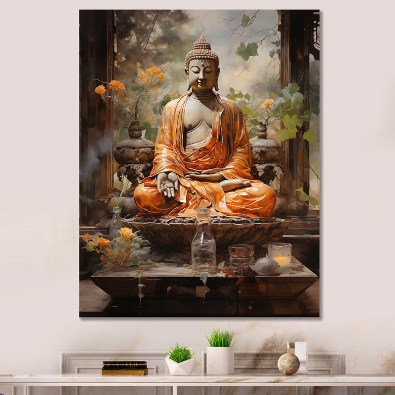 Art bouddhiste orange et gris, Bouddha, art mural, L 24 po x H 32 po x P 1 po, Toile tendue