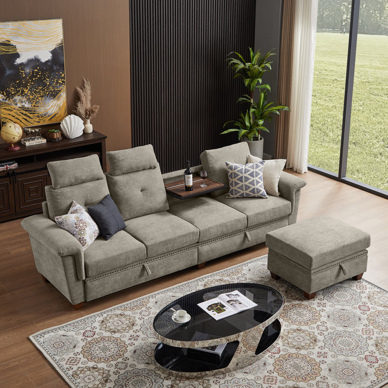 Canapé modulaire 109 po 4 places avec table basse cachée et grand espace de rangement 109 po, 100 % lin beige