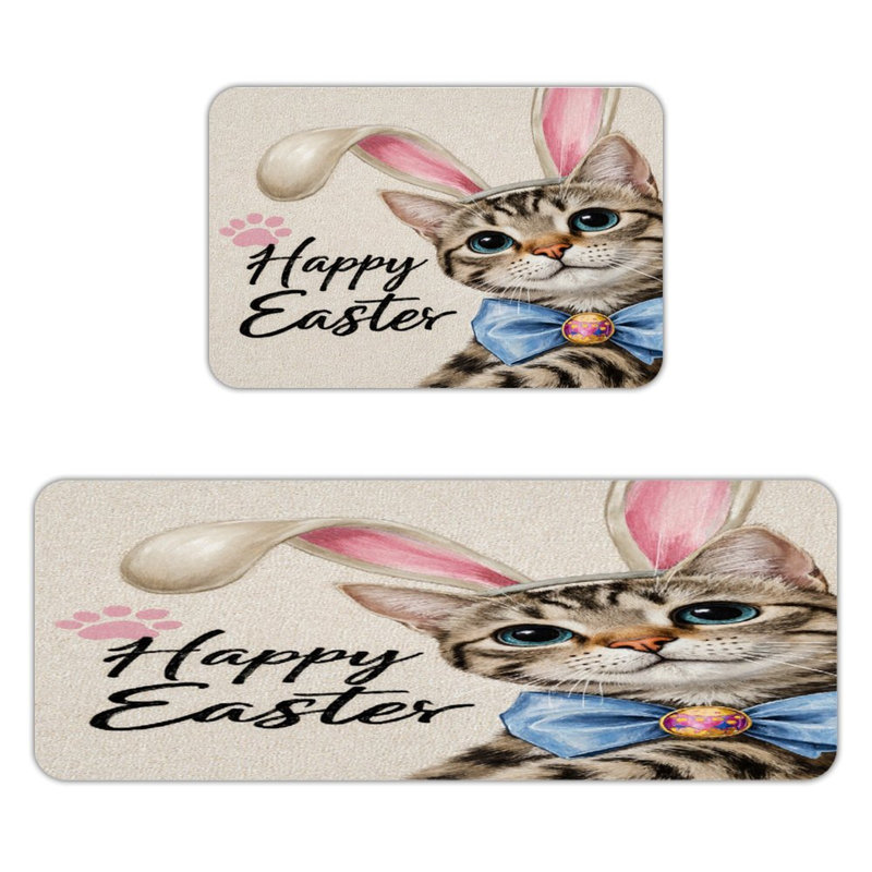 Chat de Pâques avec oreilles de lapin, ensemble de 2 tapis de cuisine, Chat de Pâques beige / rose avec oreilles de lapi