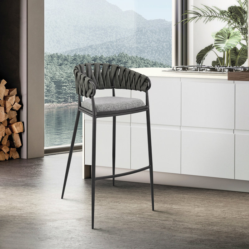 Tabouret 30 "en métal noir avec tissu gris et similicuir