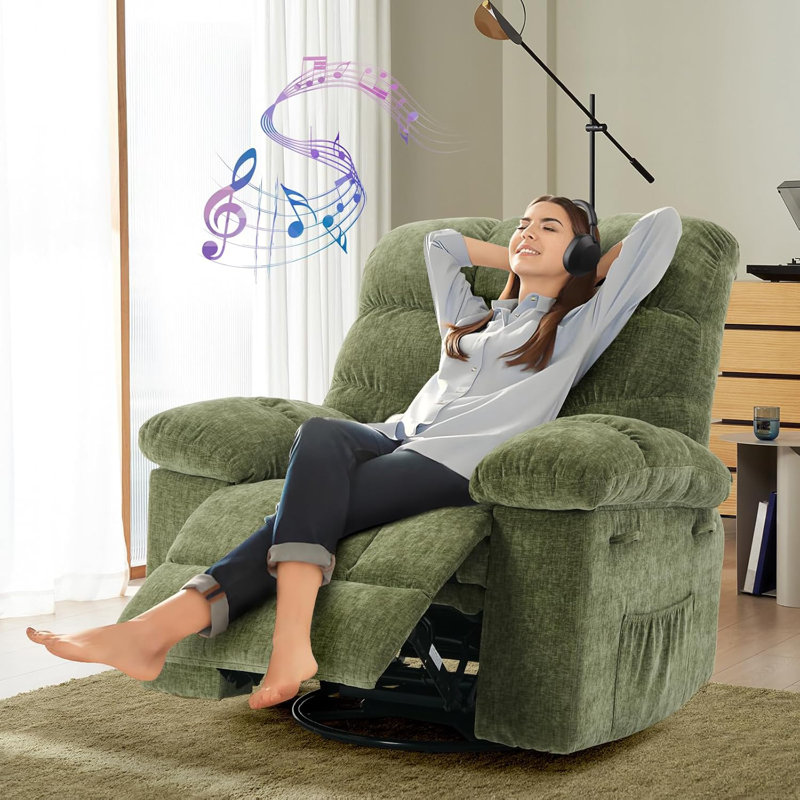 Rocking Recliner Chair, 360° Swivel Rocker Chair, Upholstered Fabric Glider Nursery Chair, Green