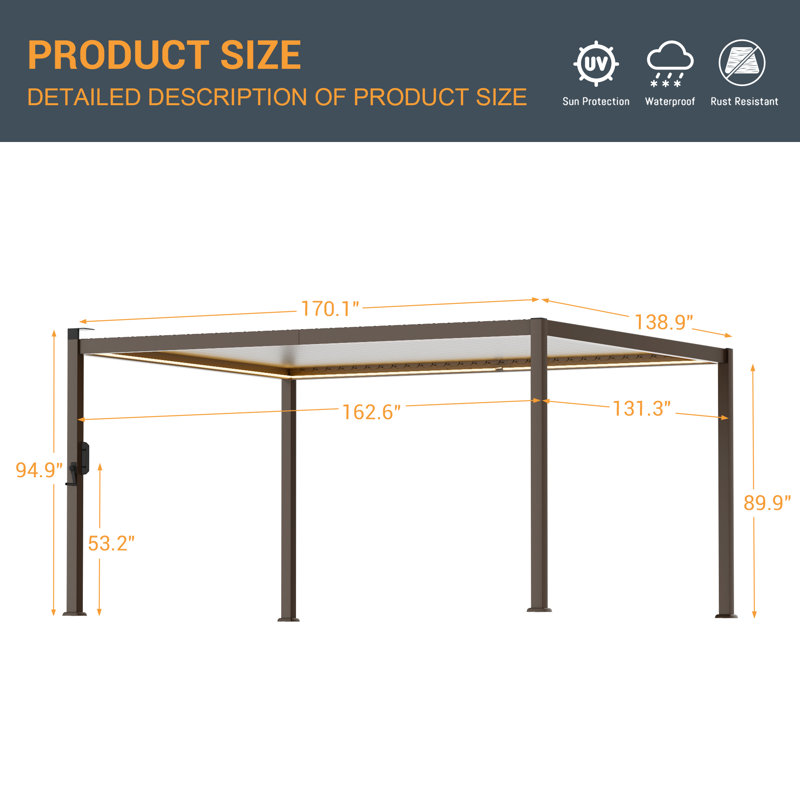 Solar Light Metal Pergola with Adjustable Louvers and Concealed Water Drainage System, 12 ft x 14 ft