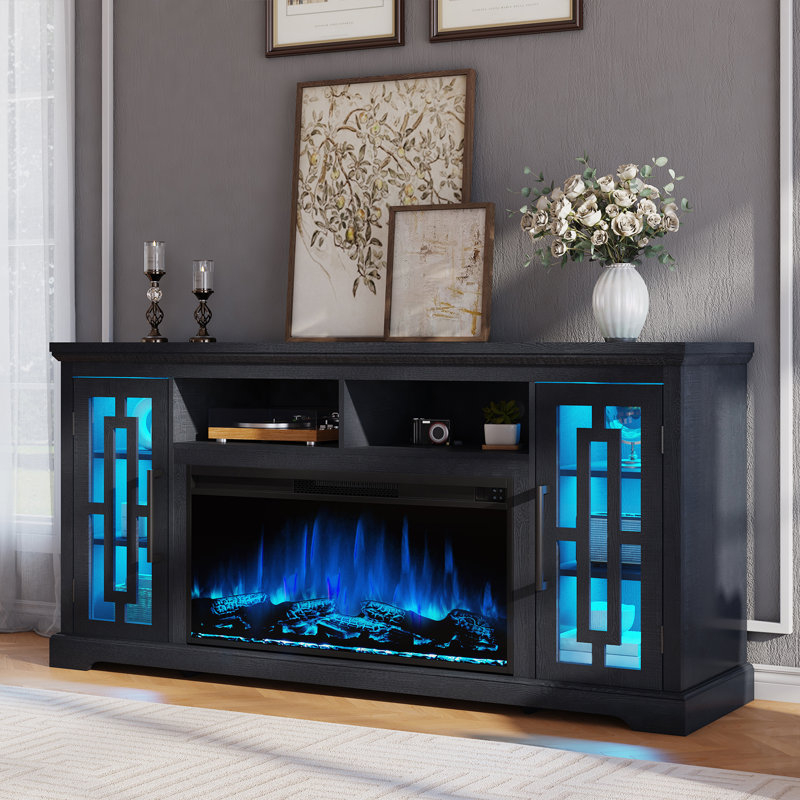 Farmhouse Fireplace Tv Stand With  Led Lights & Adjustable Shelves, Black