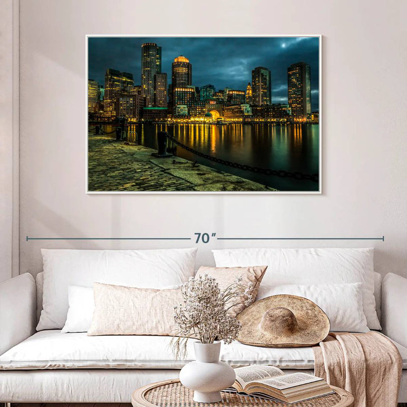 Silhouette de Boston la nuit, 46 po x 31 po, Cadre flottant blanc