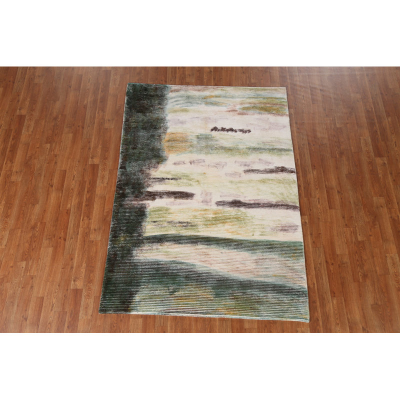 Tapis unique en soie noué à la main 4 pi 7 po x 6 pi 6 po nouvel âge en vert foncé / or / ivoire / brun
