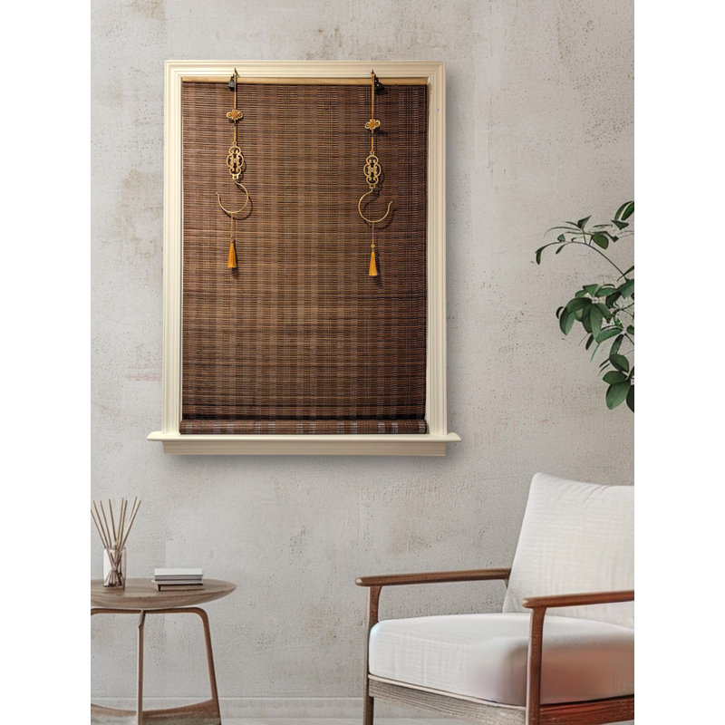 Store de fenêtre sans fil en bambou sans cordon, rideaux filtrant la lumière avec crochets décoratifs en laiton à thème oriental