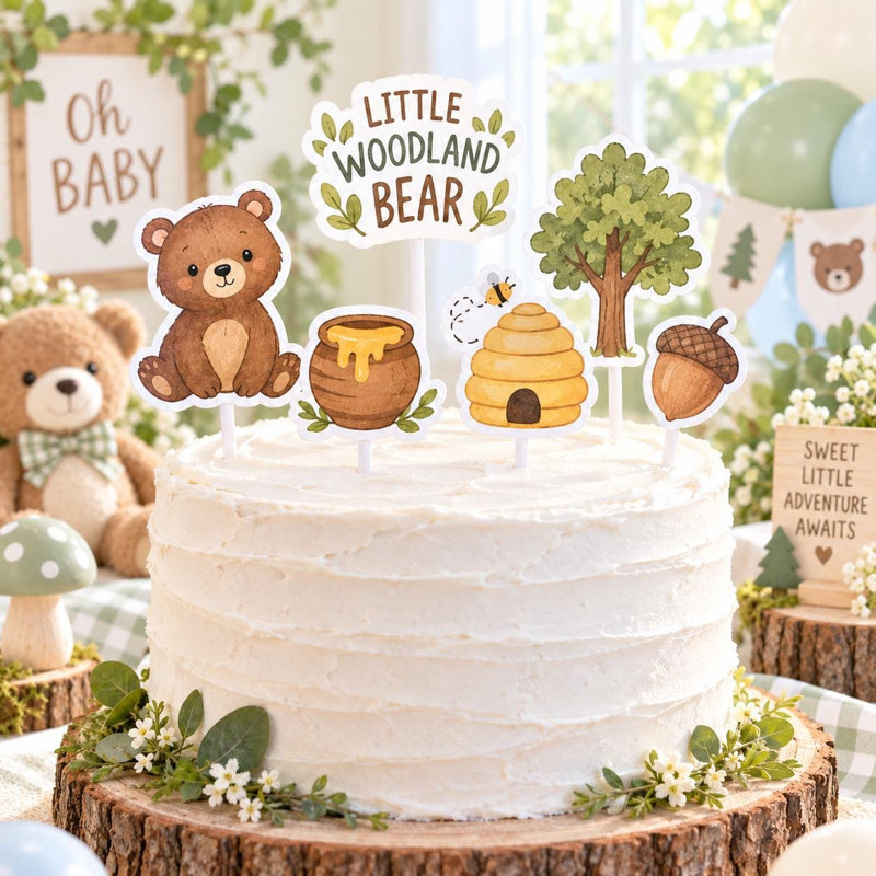 Woodland Bear Cake Topper Set, 6 Unique Original Baby Shower Designs