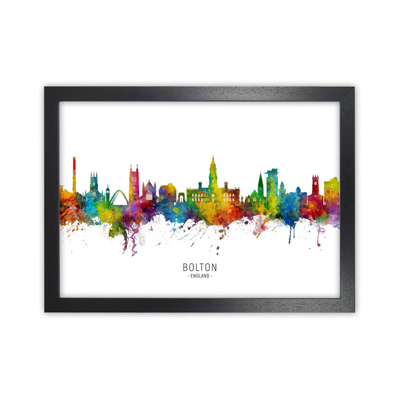 Bolton England Skyline by Michael Tompsett - Print, 25cm H x 34cm W x 3cm D, Black Framed