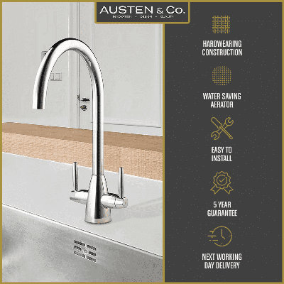 Austen & Co. Bilbao Kitchen Mixer Tap In Brushed Chrome With Twin Handles. Deck Mounted, 360 Degree Spout