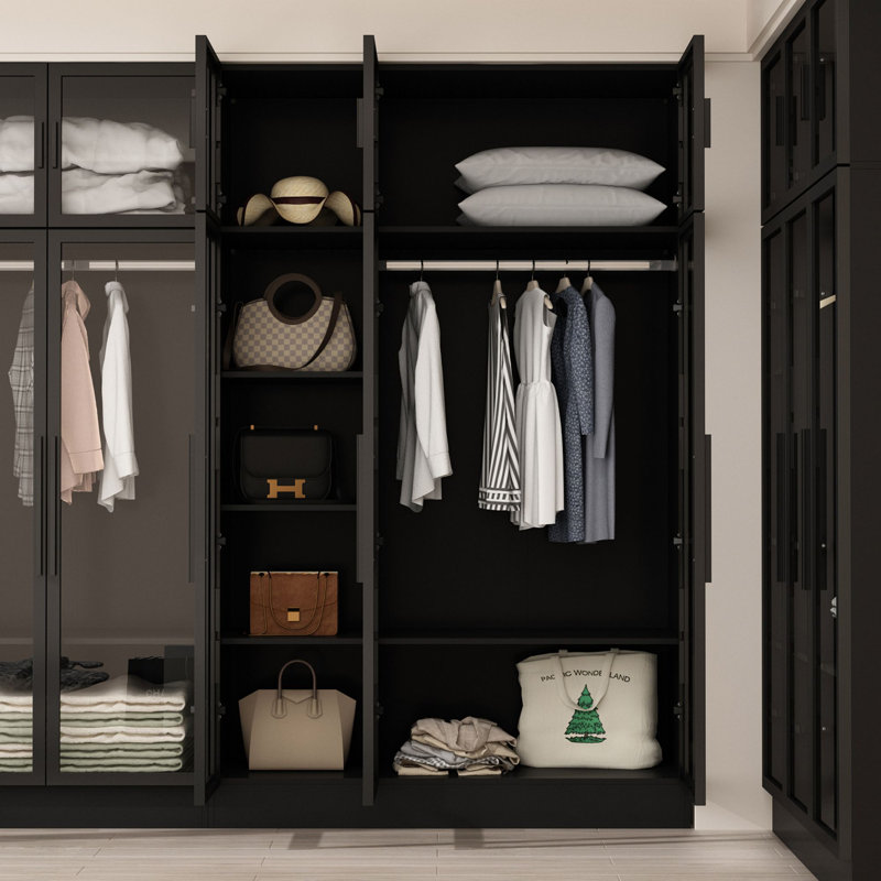 Closet System With Light And 6 Tempered Glass Door, Black