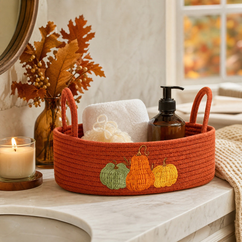 Panier de rangement brodé en corde de coton avec motif citrouille, fermeture de sac à main, boîte de rangement avec anse, panier-cadeau